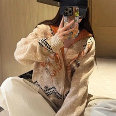 批发厂家现获针织翻领龙虾嵌花外套2025秋冬男女毛衣拼色拉链开衫