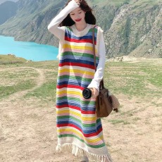 批发工厂流行风格多巴胺<b class='q'>彩</b>色针织条纹背心<b class='q'>连衣裙</b>女2025新款流苏A字裙