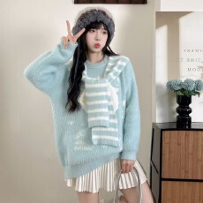 批发工厂<b class='q'>明星</b>章若楠同款蓝色毛衣女2025宽松慵懒风披肩连帽针织衫上衣