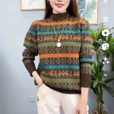 批发工厂羊毛衫女2025秋冬条纹提花毛衣宽松半高领<b class='q'>妈妈装</b>羊绒打底衫