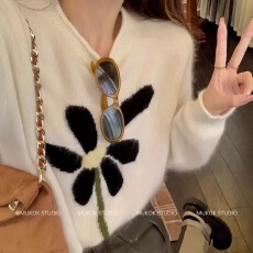 工厂慵懒风100羊毛衫花朵提花套头毛衣女白色宽松羊绒针织衫打底
