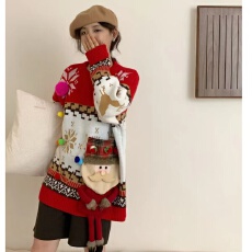 批发工厂圣诞新年红色毛衣针织衫<b class='q'>女</b>宽松加厚新款毛衣圣诞<b class='q'>袜子</b>针织套头