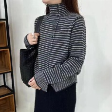 批发工厂老钱风条纹高领毛衣外套女2025新款秋冬宽松显瘦针织开衫上衣