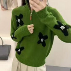 批发工厂2025秋冬女圆领厚拼色针织毛衣花朵提花长袖宽松衫打底