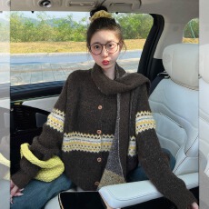 批发工厂费尔岛提花咖色针织衫女秋冬季新款宽松开衫毛衣外套围巾款潮