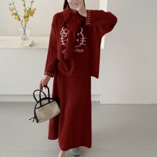 批发工厂实拍重工针织开衫爆款➕加长裙新款两件套宽松显瘦毛衣套装厂