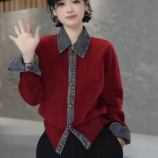 批发工ins开衫毛衣女宽松设计感<b class='q'>牛仔</b>拼接白色加厚韩版外套25新款潮厂