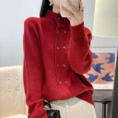 批发工厂冬季新款复古<b class='q'>双排扣</b>半高领开衫韩系甜美减龄通勤风毛衣