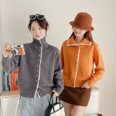 批发工厂花边拼接设计2025新款韩系小众软糯通勤百搭长袖针织毛衣开衫