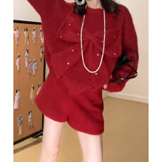 批发工厂圣诞节穿搭新年套头蝴蝶结钉珠毛衣女秋冬季慵懒风针织衫上衣