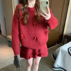 批发工厂一整套穿搭毛衣套装女秋冬新款重工蝴蝶结减龄针织短裙两件套