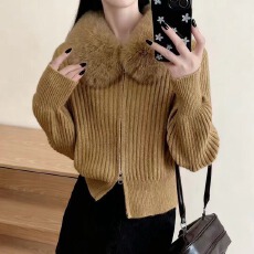 批发工厂毛领双拉链针织开衫女2025秋冬新款时尚保暖气质毛衣女外套女