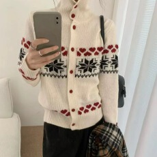 批发工厂费尔岛撞色提花高领羊毛针织开衫2025冬季新款女纽扣毛衣外套