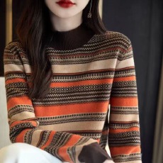 批发工厂圆领套头毛衣女2025新款复古拼色加厚长袖外穿内搭针织衫上衣