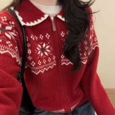 批发工厂东大门2025秋冬新款复古重工提花撞色宽松拉链针织毛衣外套女