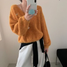 批发工厂慵懒风V领套头毛衣女秋冬新款设计感小众针织衫宽松显瘦百搭