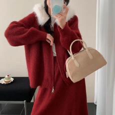 批发工厂实拍重工针织开衫爆款➕加长裙新款两件套宽松显瘦毛衣套装