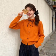 批发工厂洋气减龄粉色绑带蝴蝶结针织毛衣开衫女秋季新款独特别致气质