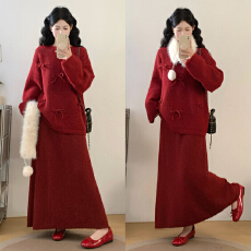 批发工厂实拍重工针织开衫爆款➕加长裙新款两件套宽松显瘦毛衣套装厂