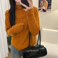 批发工厂新款高领绵羊绒单排扣针织衫开衫女袖口钩花毛衣外套上衣