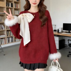 批发工厂氛围感圣诞新年红色毛毛拼接蝴蝶结针织<b class='q'>毛衣</b>女秋冬宽松减龄