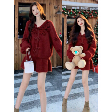 批发工厂2025圣诞针织套装女秋冬慵懒风毛衣高腰半身裙两件套