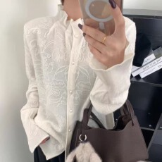 批发工厂老琴私服月桂织纹100羊毛设计感<b class='q'>衬衫</b>毛衣打底针织开衫女