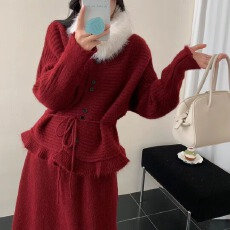 批发工厂温柔毛领荷叶边绑带毛衣两件套秋冬慵懒宽松显瘦<b class='q'>针织</b>外套上衣