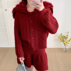 批发工厂2025韩系翻领<b class='q'>针织</b>两件套秋冬宽松<b class='q'>开衫</b>慵懒毛衣加长裙套装