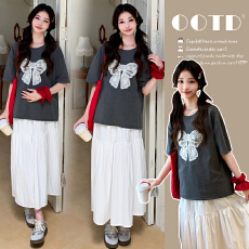 批发实拍新款孕妇装气质夏装甜美减龄蕾丝花边蝴蝶结上衣+半身裙<b class='q'>套装</b>