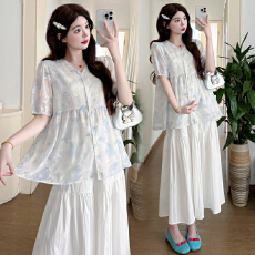 实拍新款孕妇夏装宽松小清新闪闪蝴蝶衬衫娃娃衫上衣+半身裙套装