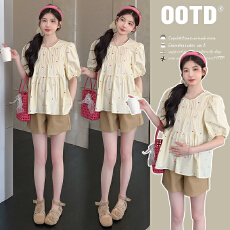 批发实拍2026新款夏季孕妇<b class='q'>韩版</b>显瘦减龄爱心刺绣<b class='q'>娃娃衫</b>上衣+短裤套装