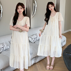 批发实拍2026夏季韩版新款短袖蕾丝提花中长款气质宽松显瘦孕妇<b class='q'>连衣裙</b>