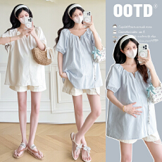 批发实拍新款夏季孕妇<b class='q'>韩版</b>宽松显瘦减龄<b class='q'>娃娃衫</b>上衣+短裤套装