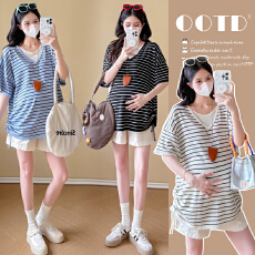 批发实拍2026新款孕妇装夏装针织时尚条纹大方宽松上衣+托腹短裤<b class='q'>套装</b>