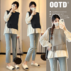 批发实拍新款2025孕妇装秋装上衣拼接设计感气质假两件衬衫百搭娃娃衫