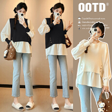 批发实拍新款2025孕妇装秋装拼接设计感假两件衬衫百搭显瘦上衣娃娃衫