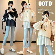 批发实拍新款2025孕妇装秋装宽松显瘦上衣拼接假两件衬衫百搭娃娃