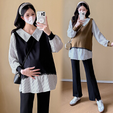 批发实拍新款2025孕妇装套装长袖秋装拼接假两件衬衫百搭娃娃衫两件套
