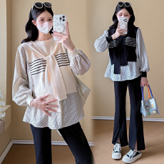 批发实拍新款2025孕妇装秋装宽松上衣拼接假两件披肩衬衫娃娃衫套装