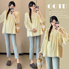 批发实拍新款2025孕妇装秋装拼接设计感衬衫百搭宽松显瘦上衣娃娃衫