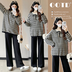 批发实拍孕妇装圆领条纹毛衣秋冬新款慵懒风休闲宽松显瘦<b class='q'>百搭</b>套头上衣