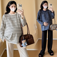 批发实拍孕妇装条纹毛衣秋冬新款慵懒风休闲宽松显瘦上衣+阔腿裤套装