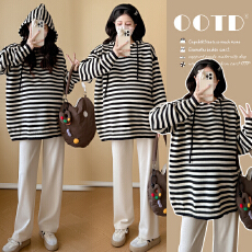 批发实拍2025孕妇秋冬时尚宽松显瘦休闲<b class='q'>百搭</b>减龄加厚条纹套头连帽毛衣