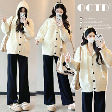 批发实拍2025新款孕妇装韩系纯色连帽开衫毛衣秋冬款<b class='q'>百搭</b>减龄显瘦上衣