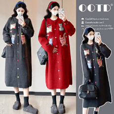 批发实拍孕妇装2025<b class='q'>秋</b>冬装加厚毛衣开衫小猫咪长裙韩版潮妈宽松连衣裙