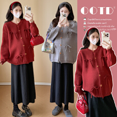 实拍孕妇装新款秋冬时尚宽松减龄蝴蝶结毛衣开衫外套+半身裙套装