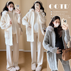 实拍2025孕妇装秋冬新款气质减龄时尚洋气大毛领连帽开衫加厚外套