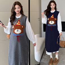 批发实拍<b class='q'>孕妇装</b>气质小熊毛衣马甲<b class='q'>连衣裙</b>秋冬时尚白色中长款衬衫裙套装