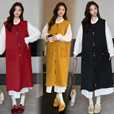 批发实拍孕妇装气质长款毛衣马甲连衣裙秋冬时尚<b class='q'>白色</b>中长款<b class='q'>衬衫</b>裙套装